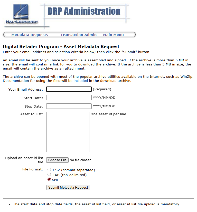 Vendor Admin Metadata Request Page