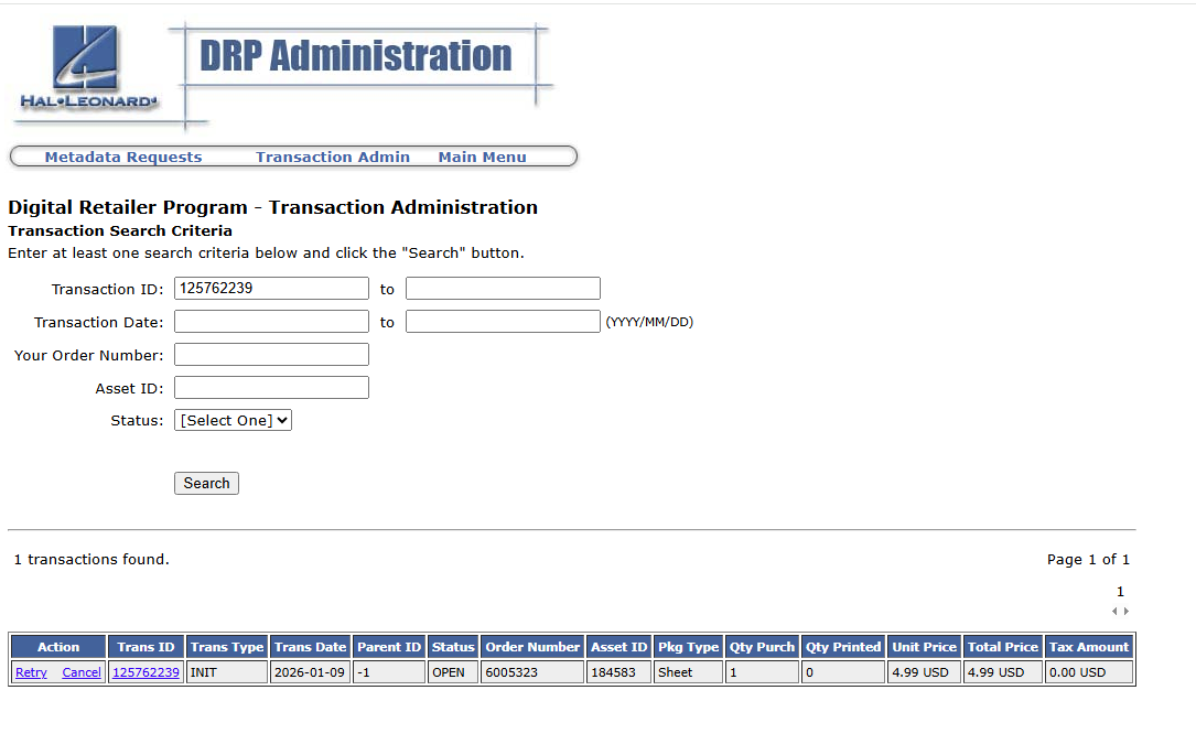 Vendor Admin Tranaction Search Page